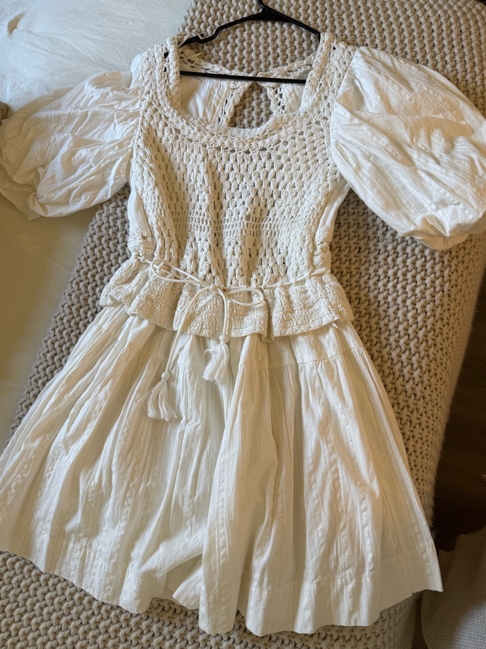 A Loves A White Crochet Balloon Sleeve Ruffle Mini Dress Size Small NWOT